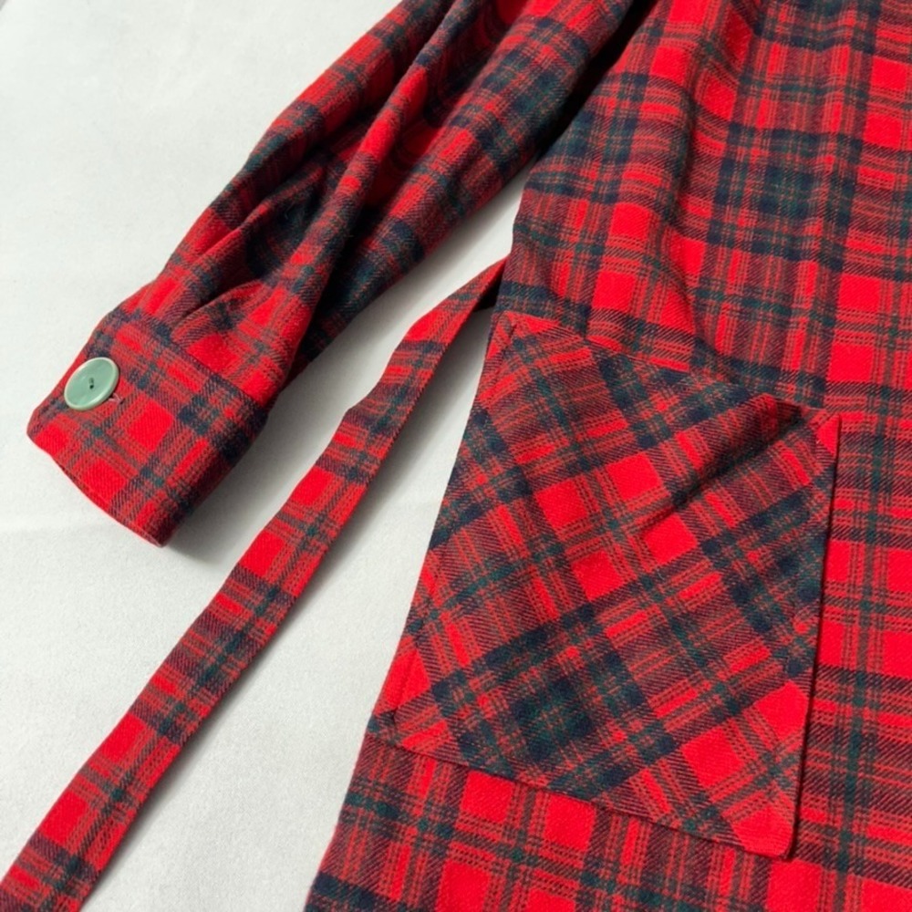 Vintage 1940s 50s Pendleton Wool Robe Dress Red Plaid Belted Pockets - Picture 6 of 13